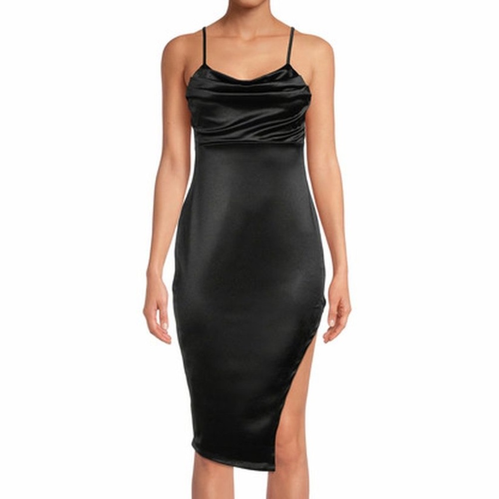 Madden NYC Women S Black Goth Glam Y2K Draped Satin Asymmetrical Midi Dress NWT